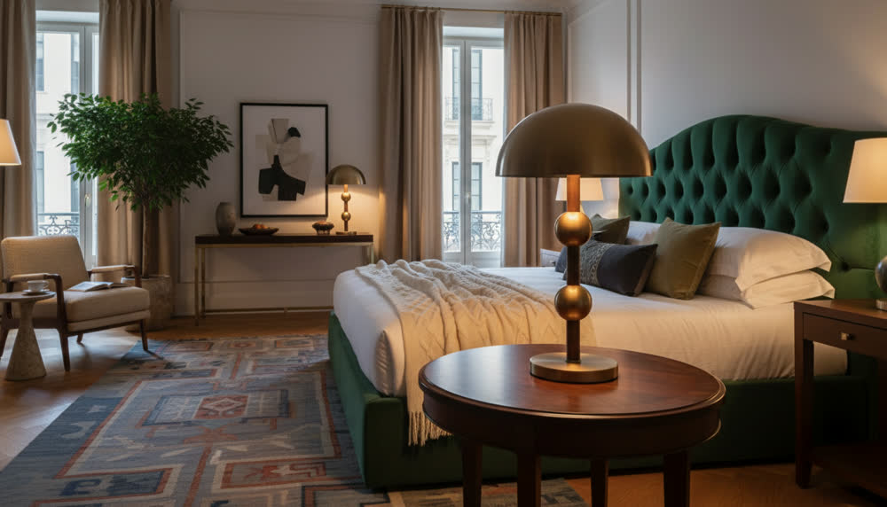 Render fotorealistico ambientato di «Cupola in Bronzo — Sfere sull'Asta», in Bronzo spazzolato — illuminazione su misura Made in Italy