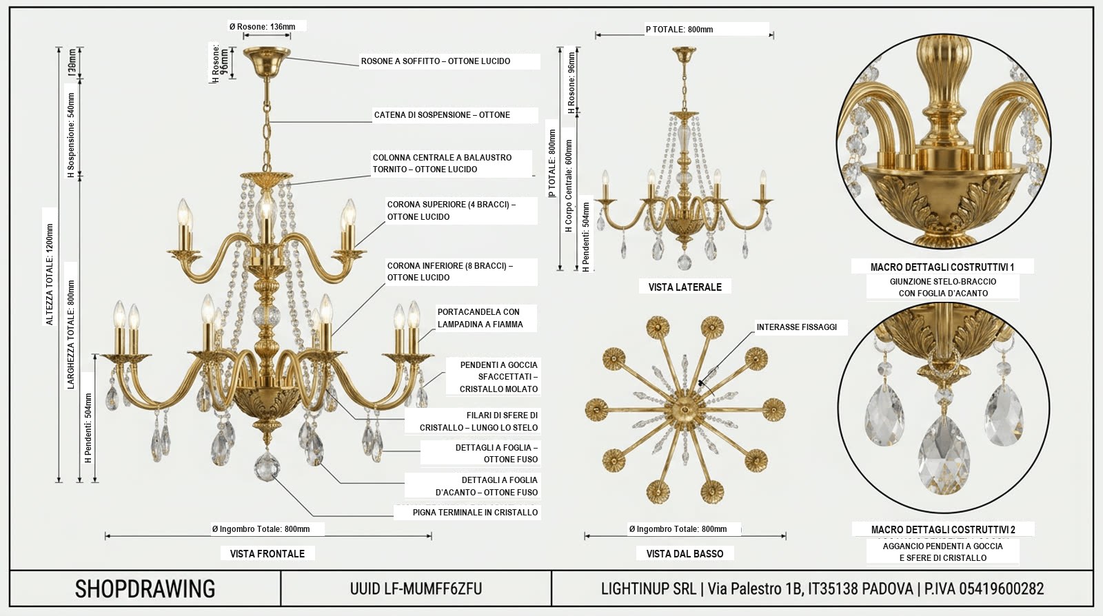 Disegno tecnico quotato di «Due Corone, Dodici Luci — Ottone e Cristallo», shop drawing con distinta base, in Cristallo — generato da Lumina Forge