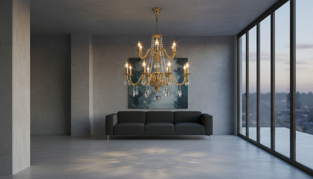 Render fotorealistico ambientato di «Due Corone, Dodici Luci — Ottone e Cristallo», in Cristallo — illuminazione su misura Made in Italy