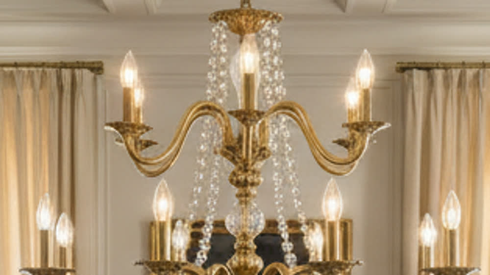 Render fotorealistico ambientato di «Due Corone, Dodici Luci — Ottone e Cristallo», in Cristallo — illuminazione su misura Made in Italy