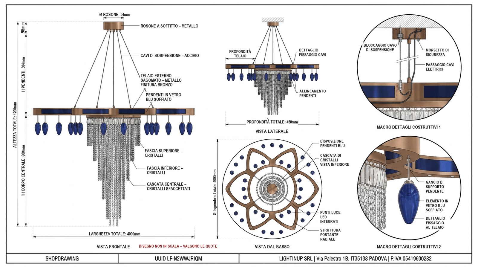 Disegno tecnico quotato di «Lampadario Monumentale — Vetro Blu Soffiato», shop drawing con distinta base, in Vetro soffiato — generato da Lumina Forge