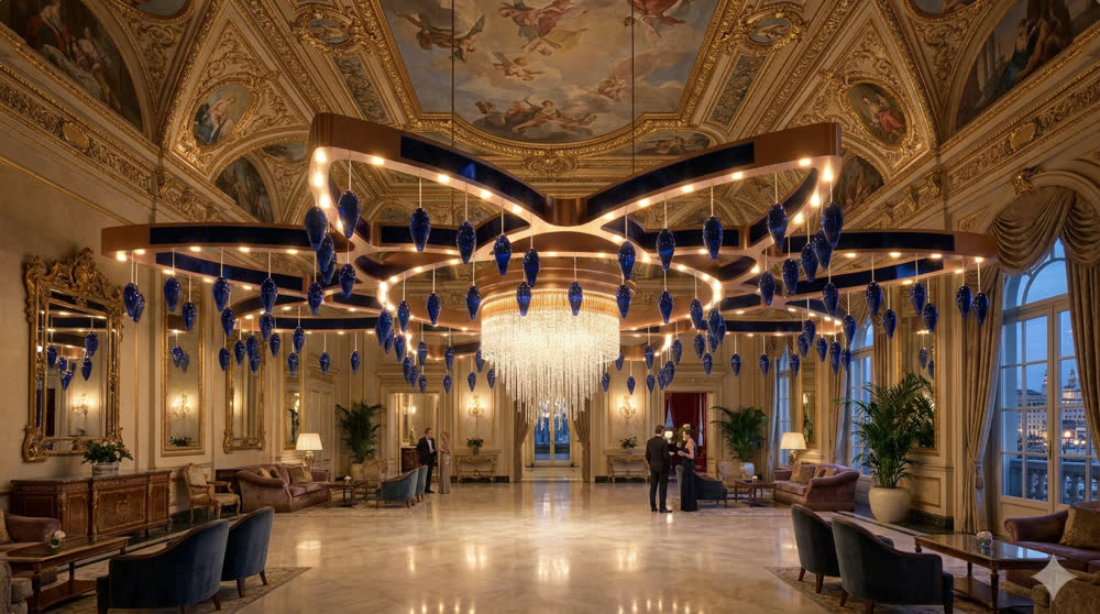 Render fotorealistico ambientato di «Lampadario Monumentale — Vetro Blu Soffiato», in Vetro soffiato — illuminazione su misura Made in Italy