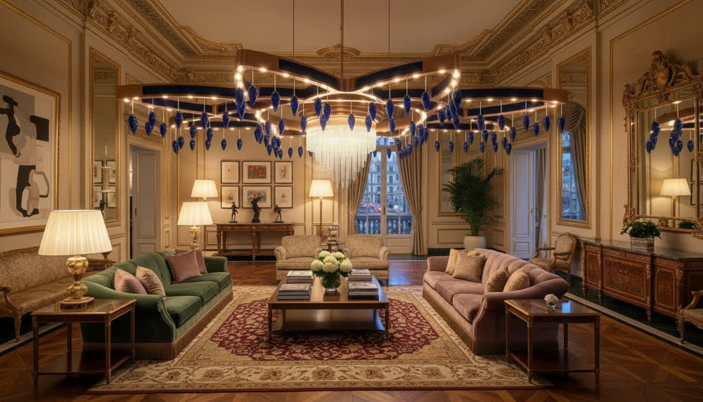 Render fotorealistico ambientato di «Lampadario Monumentale — Vetro Blu Soffiato», in Vetro soffiato — illuminazione su misura Made in Italy