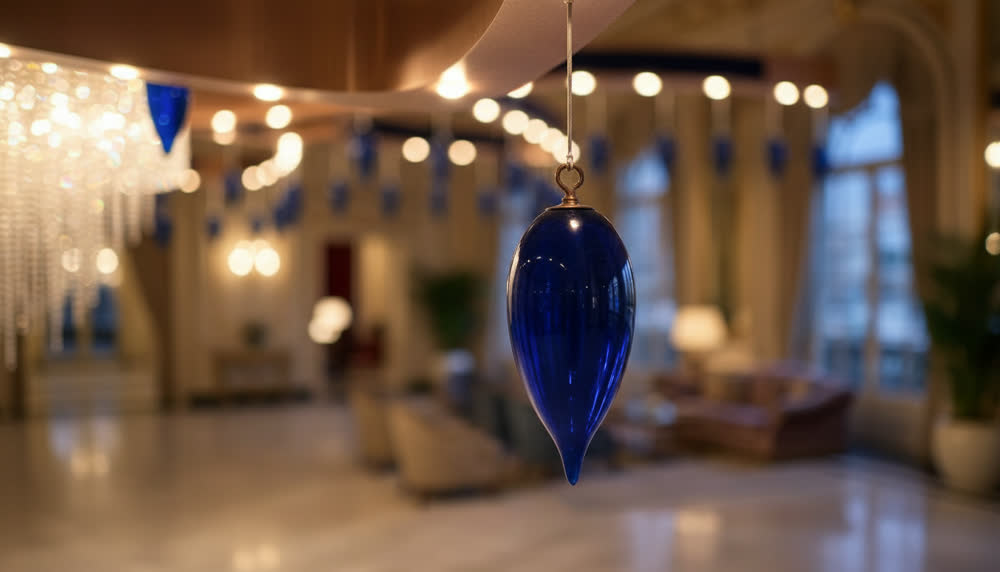 Render fotorealistico ambientato di «Lampadario Monumentale — Vetro Blu Soffiato», in Vetro soffiato — illuminazione su misura Made in Italy