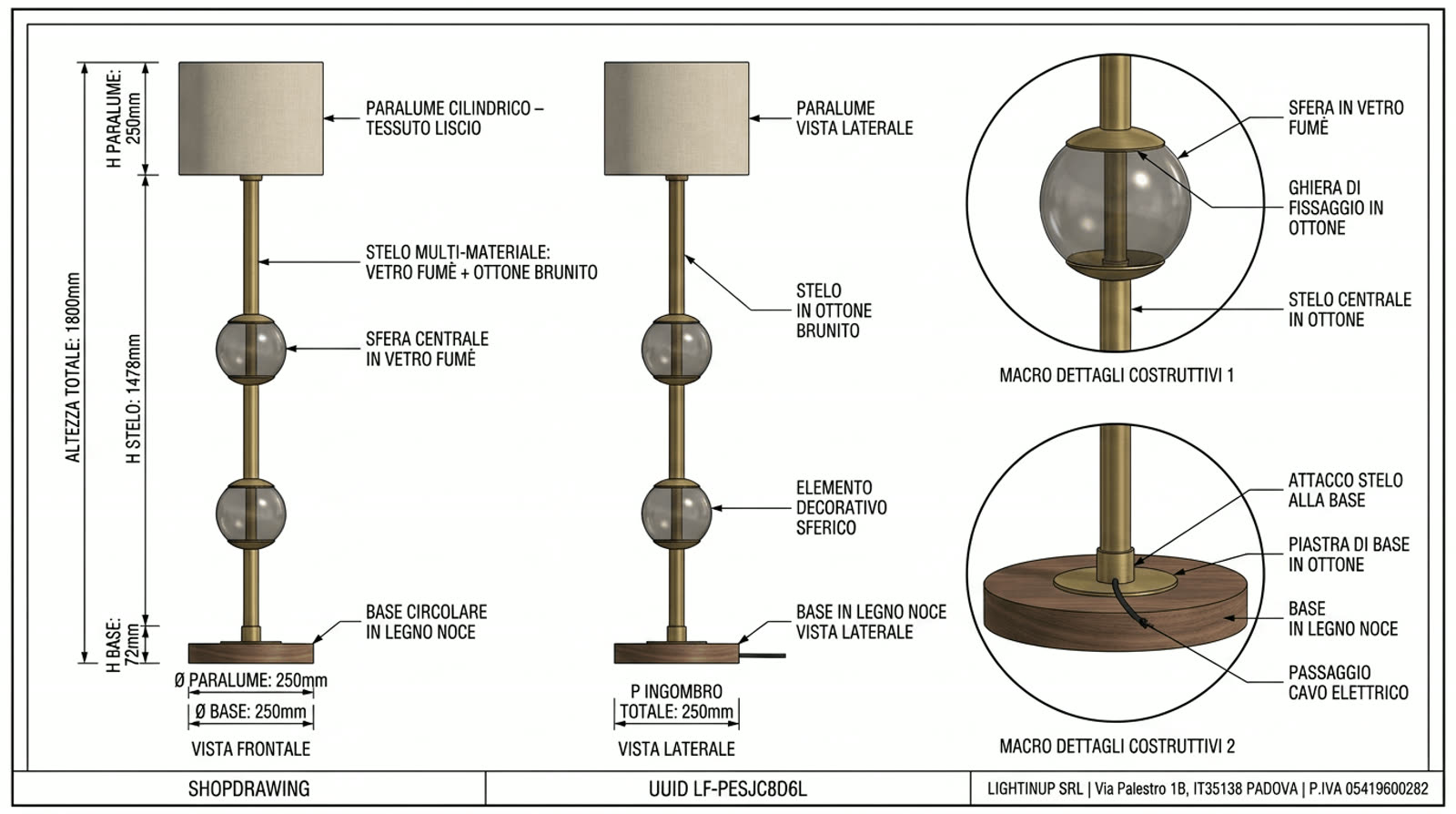 Disegno tecnico quotato di «Stelo Multi-Materiale — Vetro Fumé e Ottone Brunito», shop drawing con distinta base, in Vetro fumé — generato da Lumina Forge