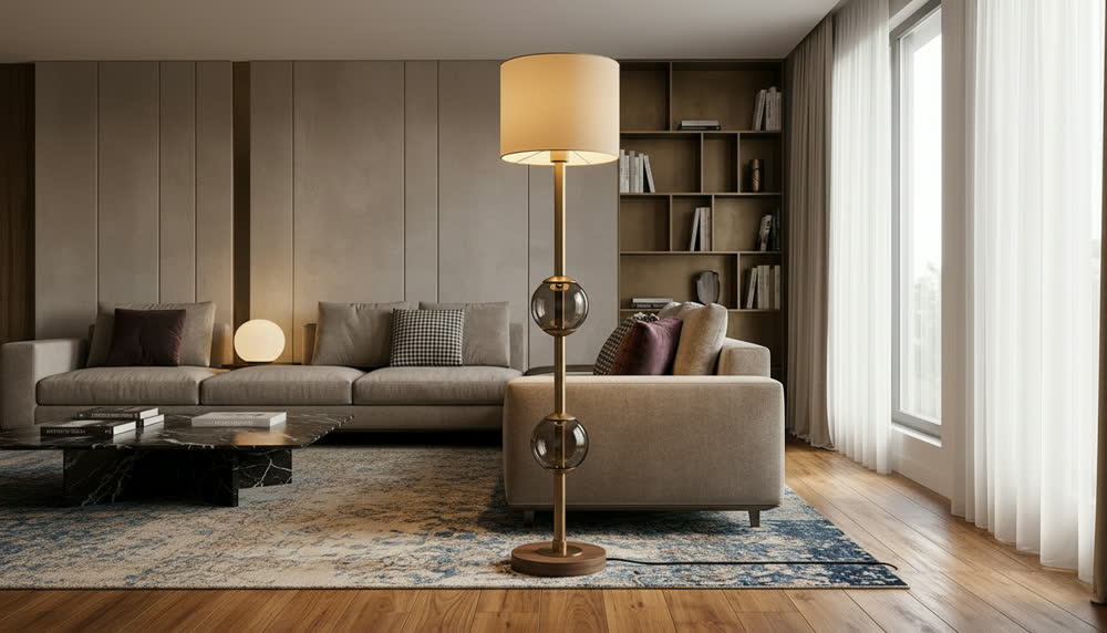 Render fotorealistico ambientato di «Stelo Multi-Materiale — Vetro Fumé e Ottone Brunito», in Vetro fumé — illuminazione su misura Made in Italy