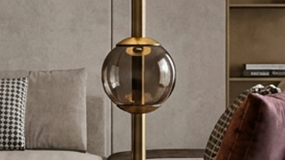 Render fotorealistico ambientato di «Stelo Multi-Materiale — Vetro Fumé e Ottone Brunito», in Vetro fumé — illuminazione su misura Made in Italy