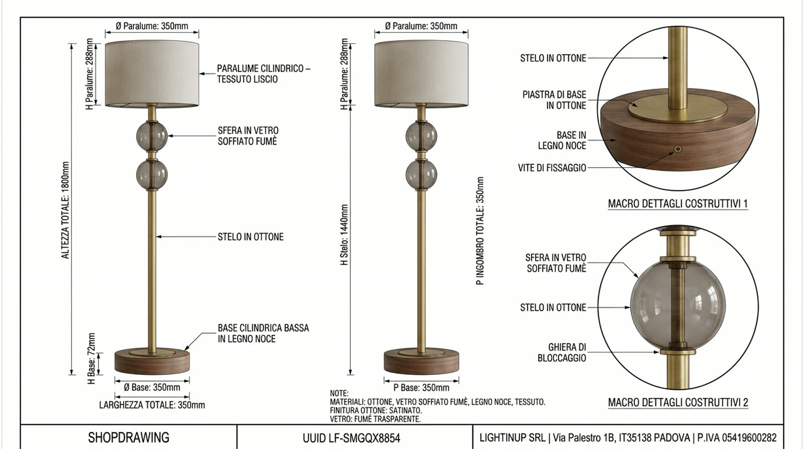 Disegno tecnico quotato di «Sfera Soffiata Fumé — Base Bassa in Noce», shop drawing con distinta base, in Vetro soffiato — generato da Lumina Forge