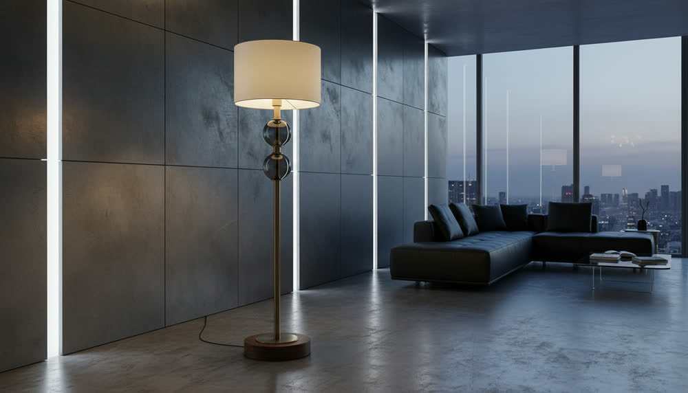 Render fotorealistico ambientato di «Sfera Soffiata Fumé — Base Bassa in Noce», in Vetro soffiato — illuminazione su misura Made in Italy
