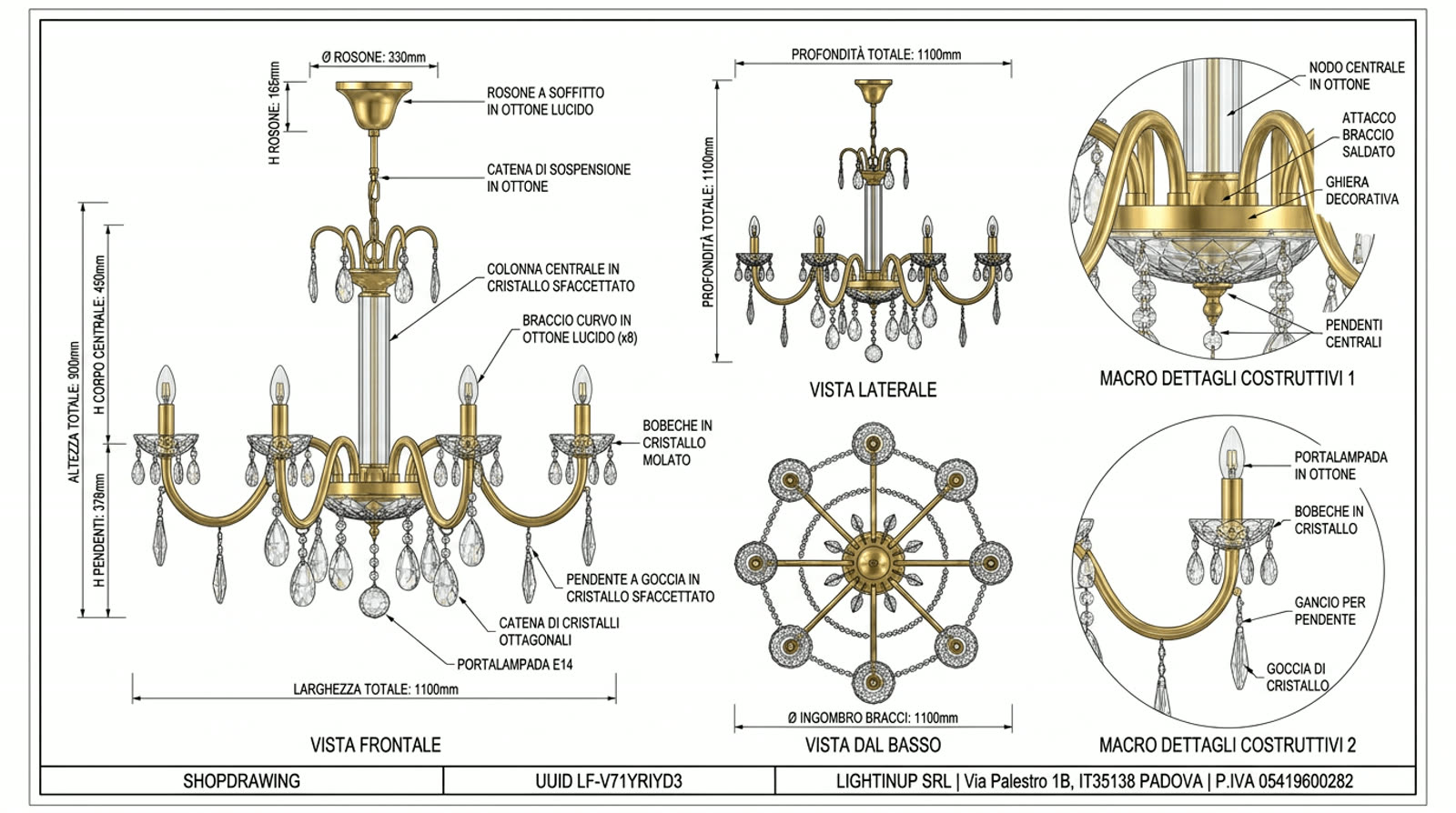 Disegno tecnico quotato di «Colonna di Cristallo — Otto Bracci in Ottone», shop drawing con distinta base, in Cristallo molato — generato da Lumina Forge
