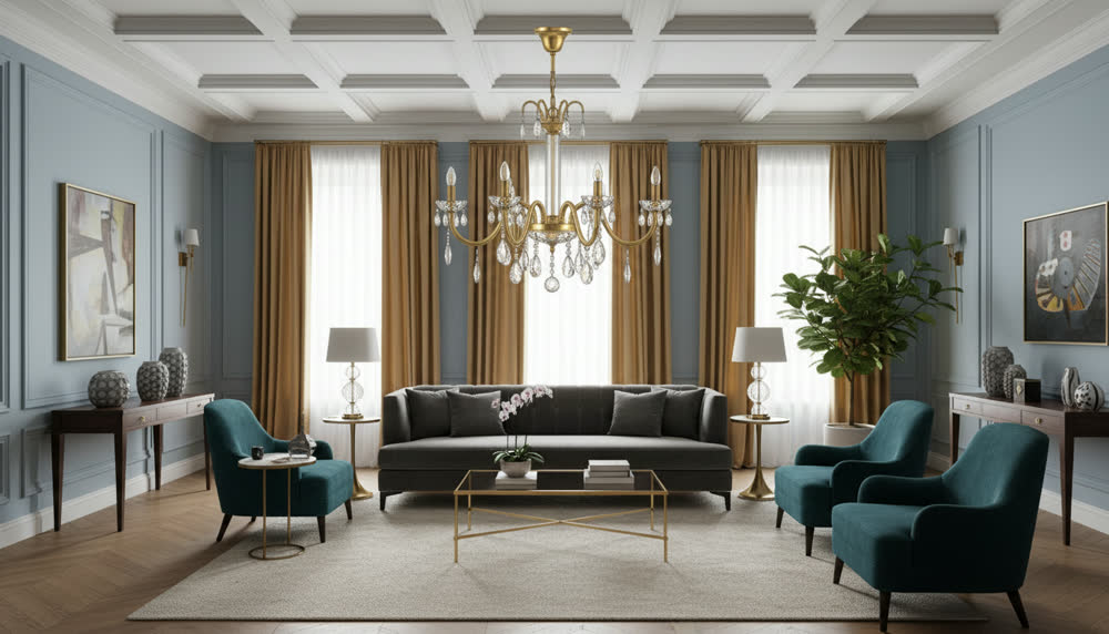 Render fotorealistico ambientato di «Colonna di Cristallo — Otto Bracci in Ottone», in Cristallo molato — illuminazione su misura Made in Italy