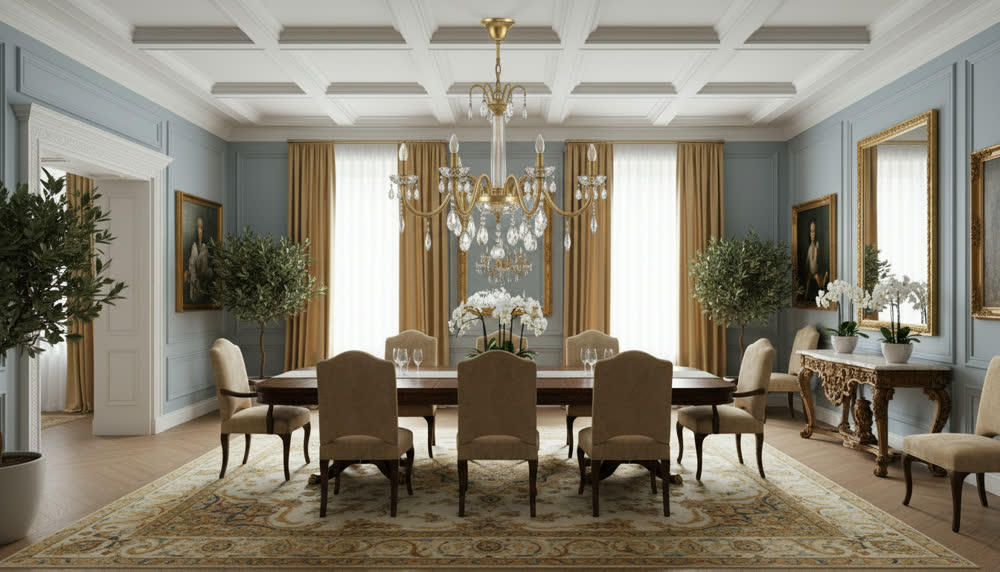 Render fotorealistico ambientato di «Colonna di Cristallo — Otto Bracci in Ottone», in Cristallo molato — illuminazione su misura Made in Italy