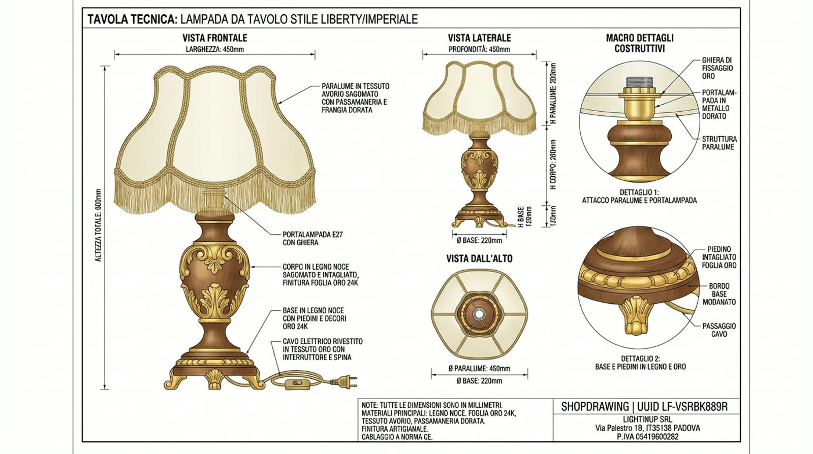 Disegno tecnico quotato di «Balaustro Intagliato su Piedini — Frangia Dorata», shop drawing con distinta base, in Foglia oro 24K — generato da Lumina Forge