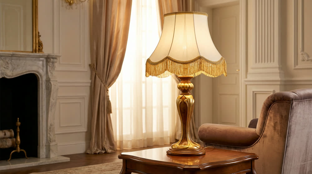 Render fotorealistico ambientato di «Balaustro Intagliato su Piedini — Frangia Dorata», in Foglia oro 24K — illuminazione su misura Made in Italy