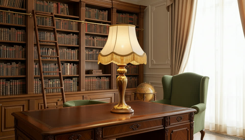 Render fotorealistico ambientato di «Balaustro Intagliato su Piedini — Frangia Dorata», in Foglia oro 24K — illuminazione su misura Made in Italy