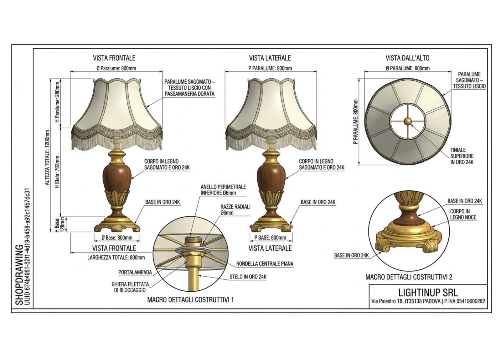 Disegno tecnico quotato di «Lampada Imperiale — Legno Sagomato, Passamaneria», shop drawing con distinta base, in Legno, Oro, Passamaneria — generato da Lumina Forge