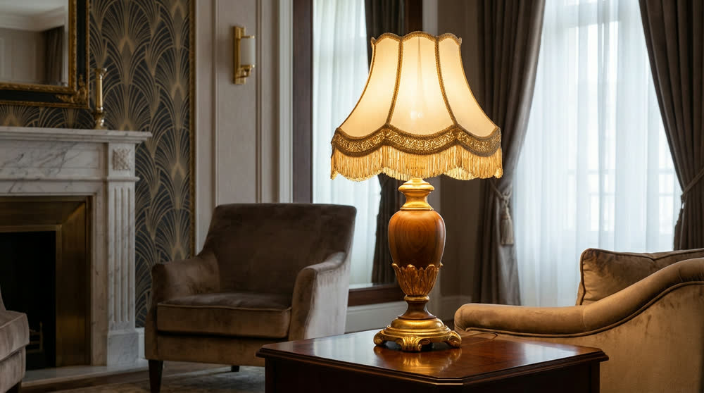 Render fotorealistico ambientato di «Lampada Imperiale — Legno Sagomato, Passamaneria», in Legno, Oro, Passamaneria — illuminazione su misura Made in Italy