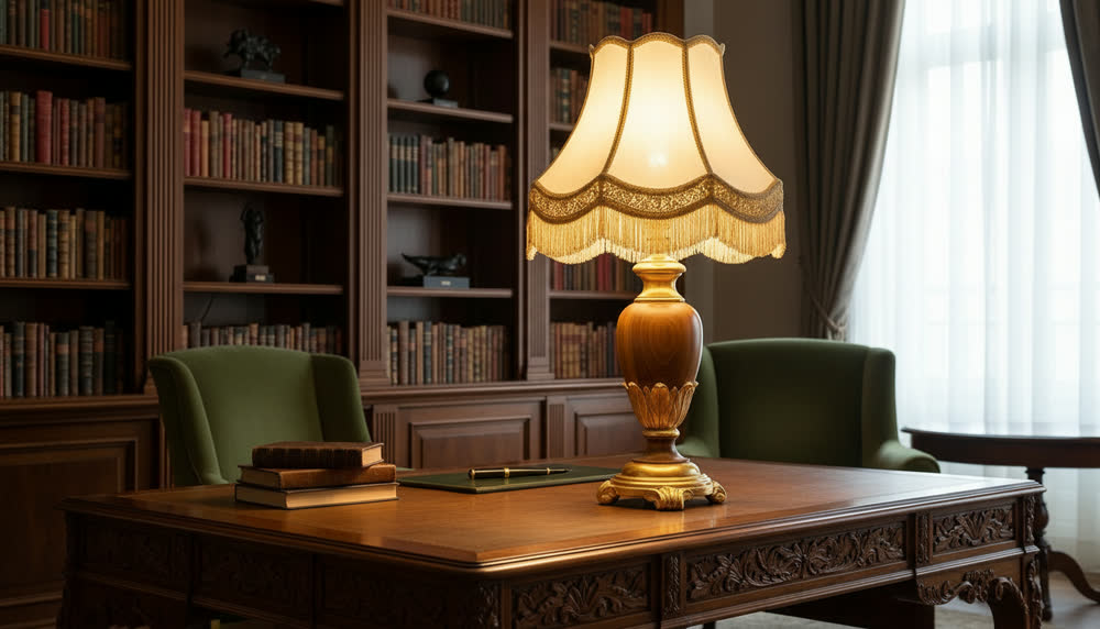 Render fotorealistico ambientato di «Lampada Imperiale — Legno Sagomato, Passamaneria», in Legno, Oro, Passamaneria — illuminazione su misura Made in Italy