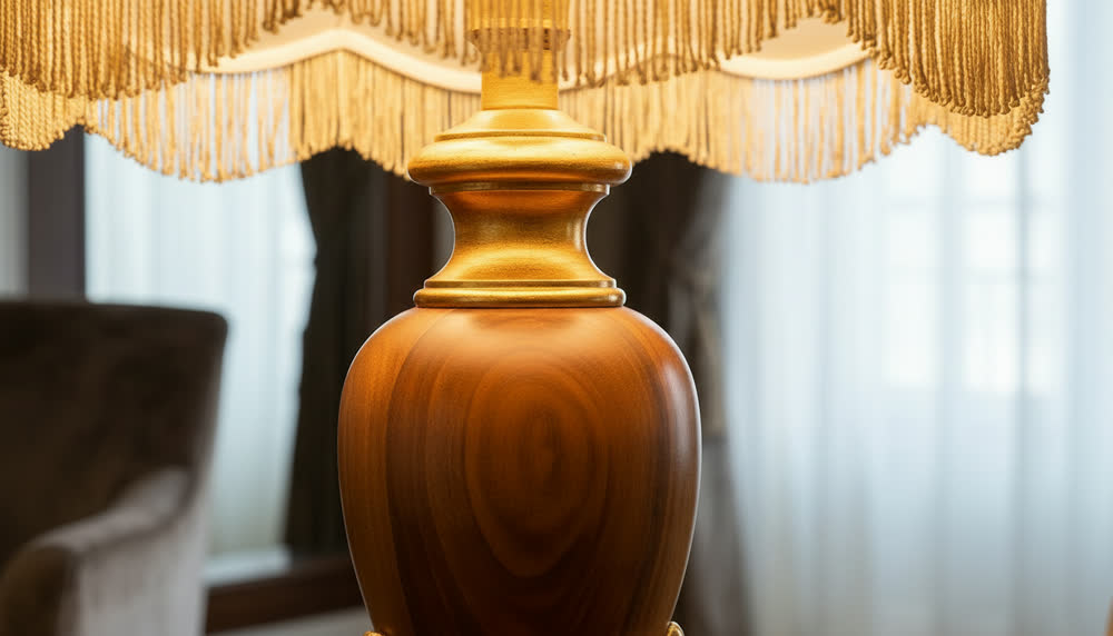 Render fotorealistico ambientato di «Lampada Imperiale — Legno Sagomato, Passamaneria», in Legno, Oro, Passamaneria — illuminazione su misura Made in Italy