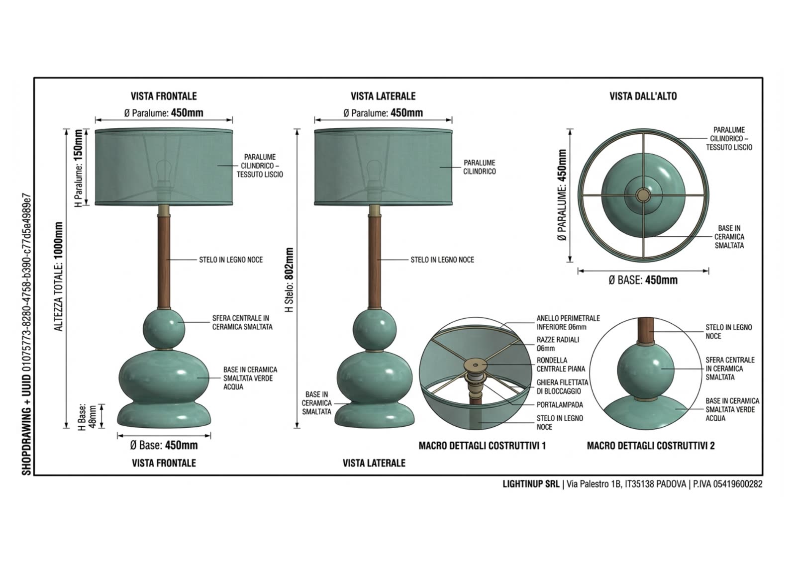 Disegno tecnico quotato di «Lampada Conchiglia — Ceramica Verde Acqua», shop drawing con distinta base, in Ceramica, Legno Noce, Verde Acqua — generato da Lumina Forge