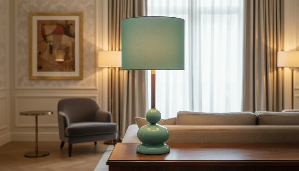 Render fotorealistico ambientato di «Lampada Conchiglia — Ceramica Verde Acqua», in Ceramica, Legno Noce, Verde Acqua — illuminazione su misura Made in Italy