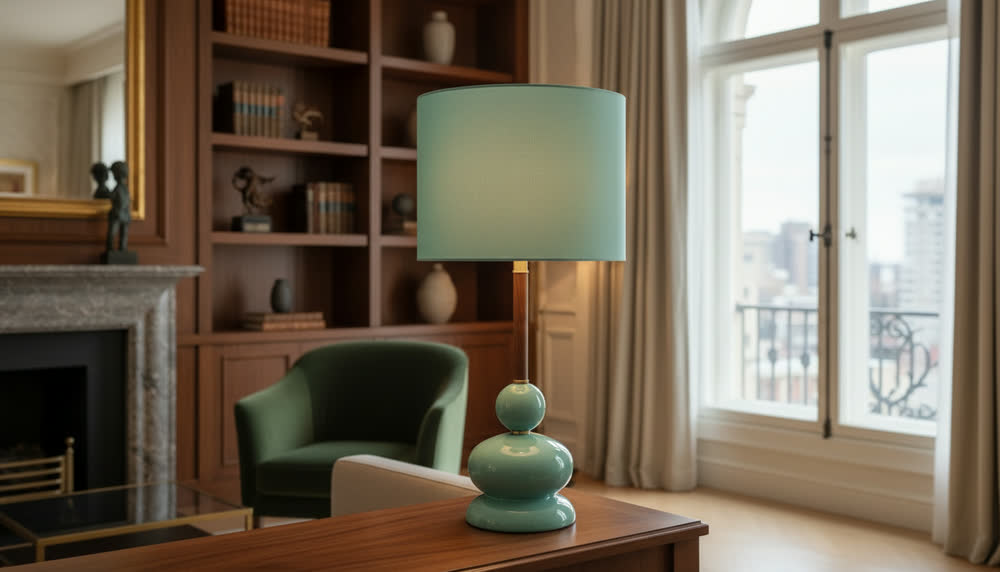 Render fotorealistico ambientato di «Lampada Conchiglia — Ceramica Verde Acqua», in Ceramica, Legno Noce, Verde Acqua — illuminazione su misura Made in Italy