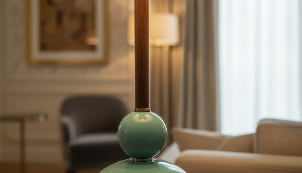 Render fotorealistico ambientato di «Lampada Conchiglia — Ceramica Verde Acqua», in Ceramica, Legno Noce, Verde Acqua — illuminazione su misura Made in Italy